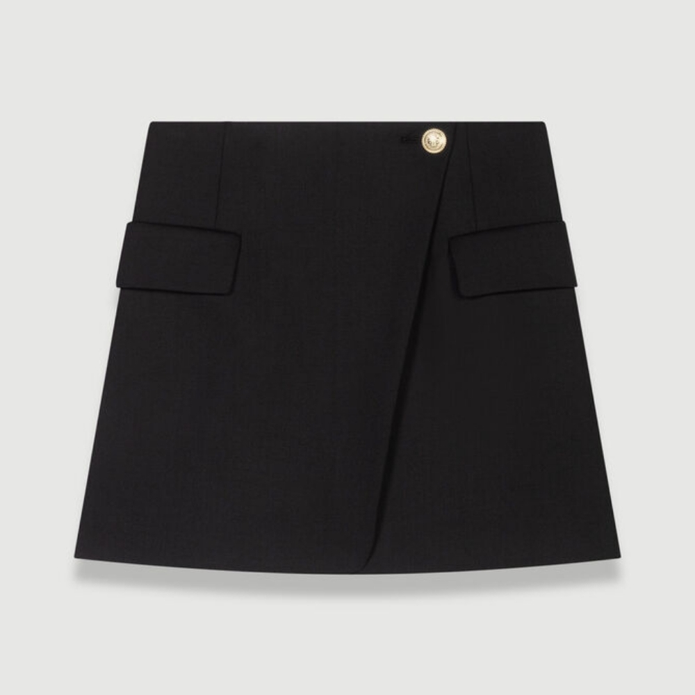 MAJE Asymmetric Black Wool Wrap Skirt With Pockets, NWT. Sz L